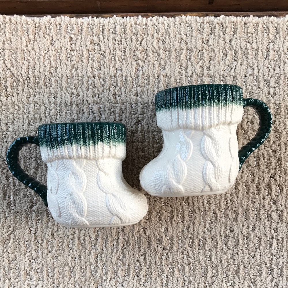Anthropologie White Cable-Knit Boot Mugs with Dark Green Trim